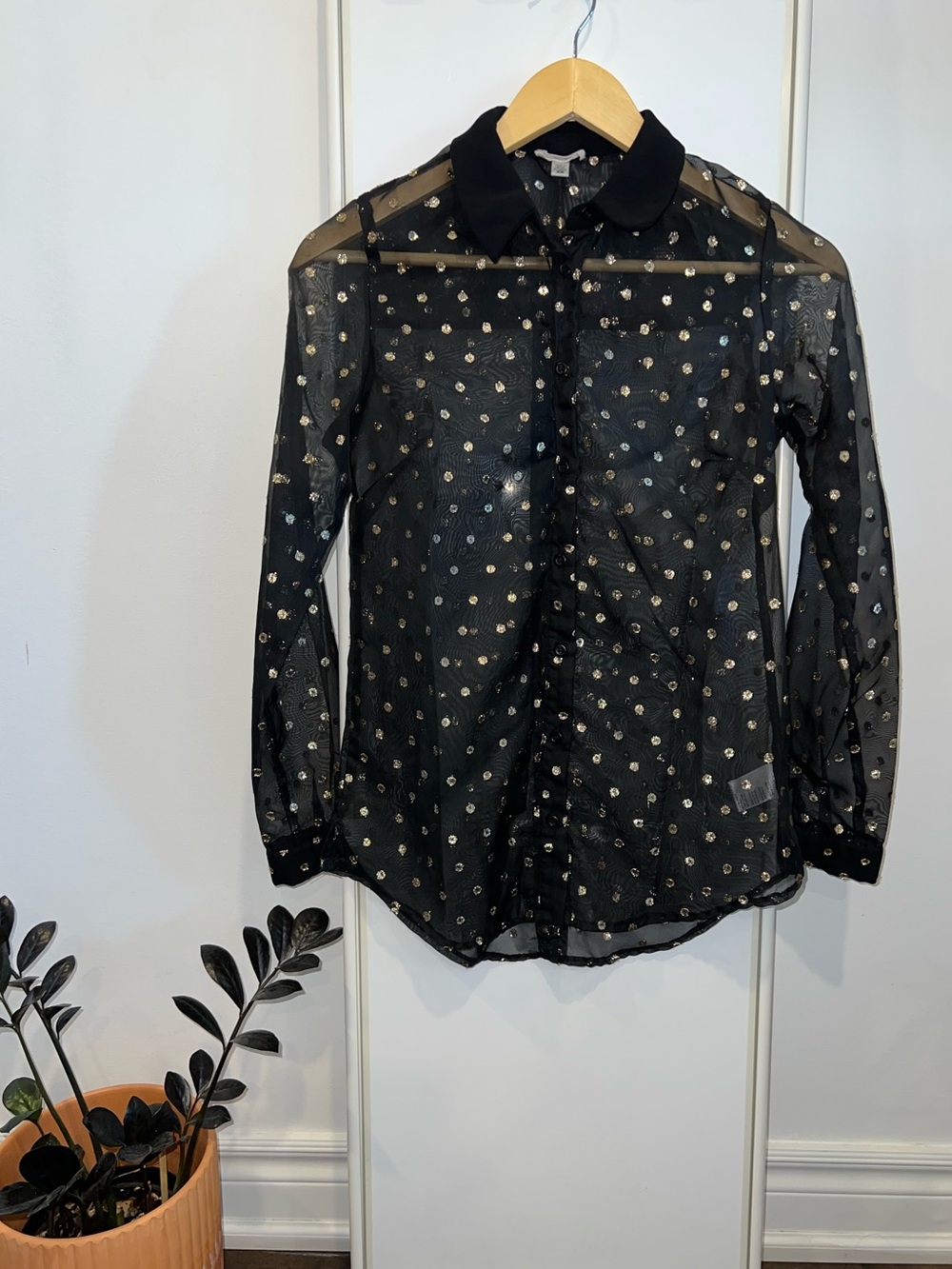 ecoté Sheer Black & Gold Polka Dot Blouse